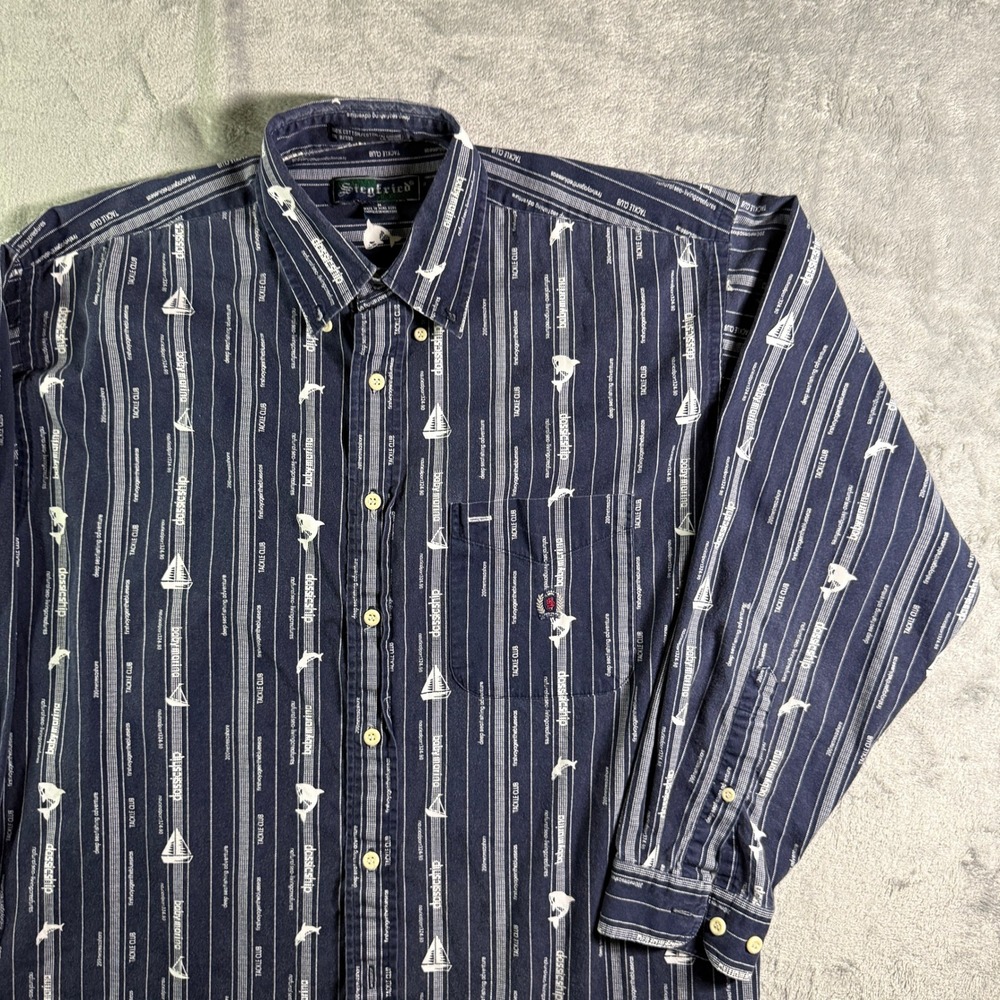 VTG Siegfried Nautical Print Button Down Shirt Sailboat Fish Stripe M